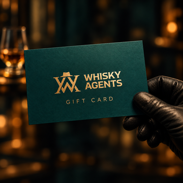 Whisky Agents digital gift card – square agent artwork with matte petrol green and gold logo. Delivered by email; no physical card.